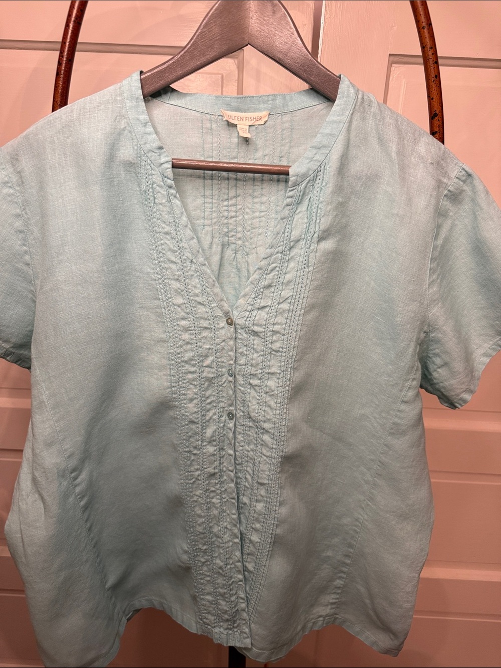 Eileen Fisher XL 100% Irish Linen Aqua Pintuck Button Front Blouse